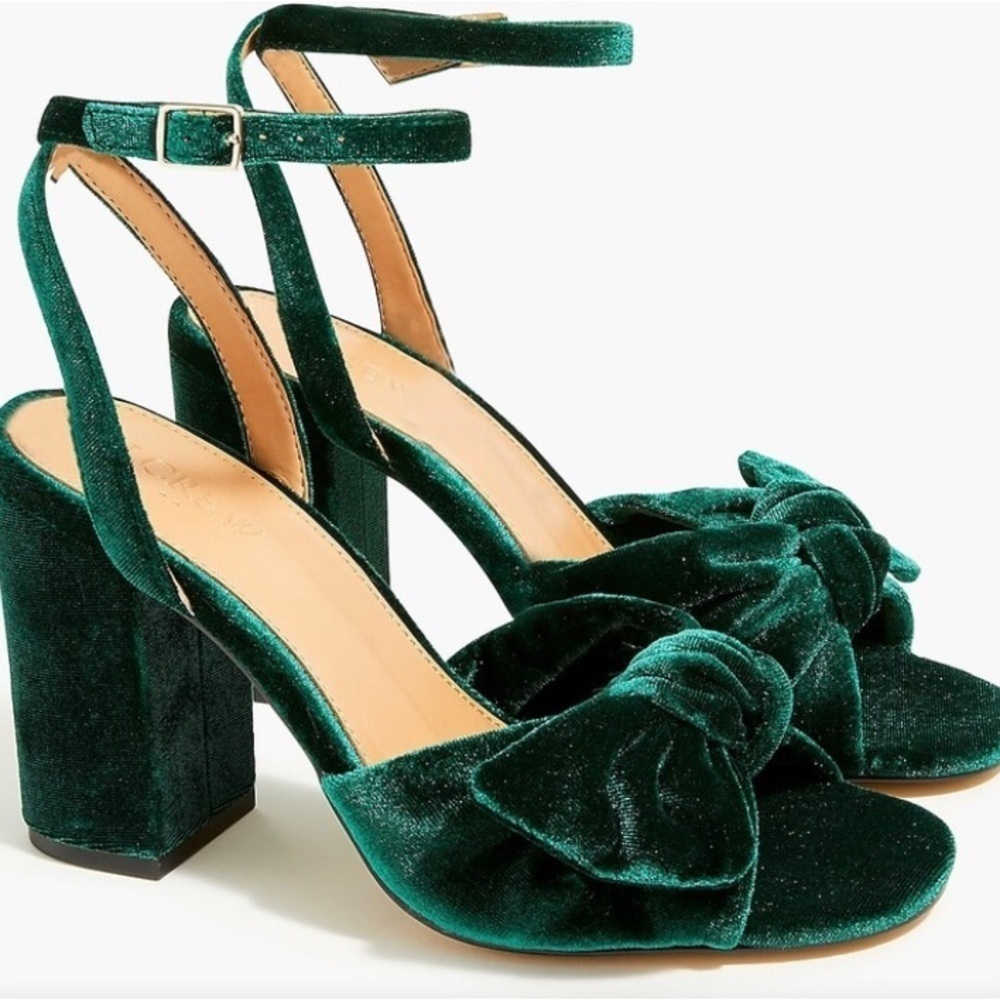 J crew size 9 block heel emerald green velvet knot ankle strap holiday BL574